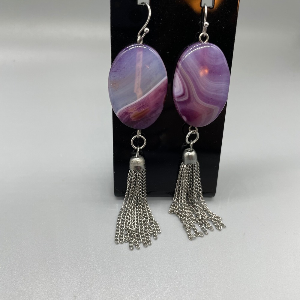 Purple Banded Agate Oval Stone Silver Chain Tassel Drop Earrings Boho Statement